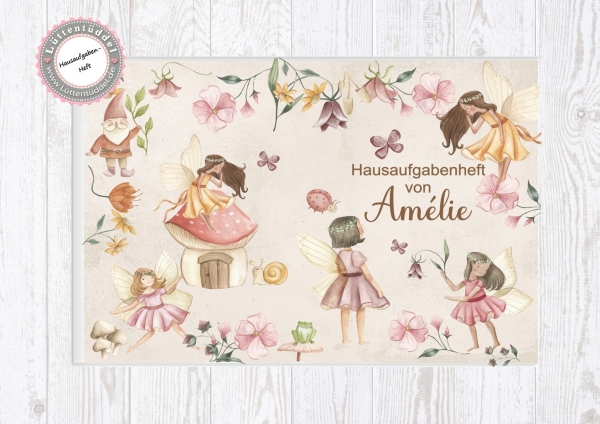 zuckersüßer Schulheft Umschlag Elfen Feen  Hausaufgabenheft in seperater Hochwertiger Hülle Lüttentüddel®